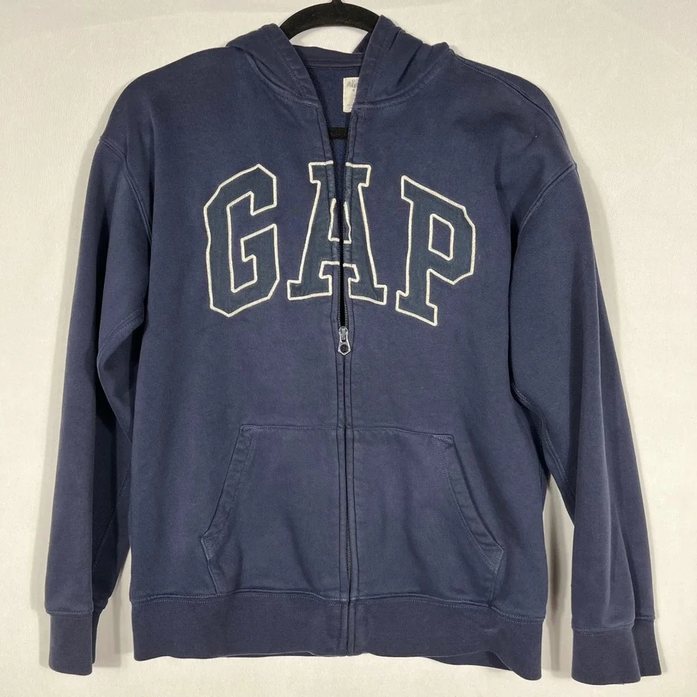 Vtg Y2K Gap Zip Up‎ Logo Hoodie Sweatshirt Kids XXL 14/16 Navy Blue Distressed